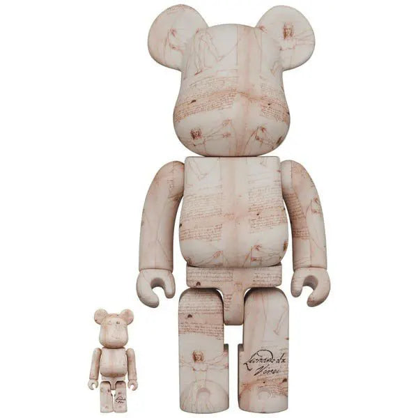 400% & 100% Bearbrick Set – Leonardo Da Vinci Vitruvian Man front view with detailed sketches and handwritten notes.