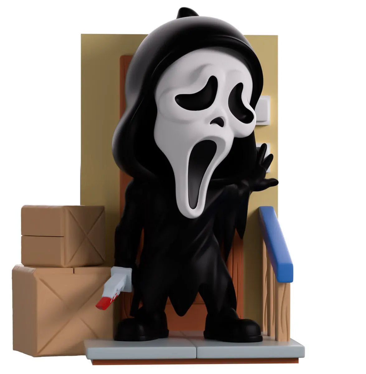 Front view of Ghost Face Youtooz vinyl figure reaching toward a light switch in a horror-themed scene