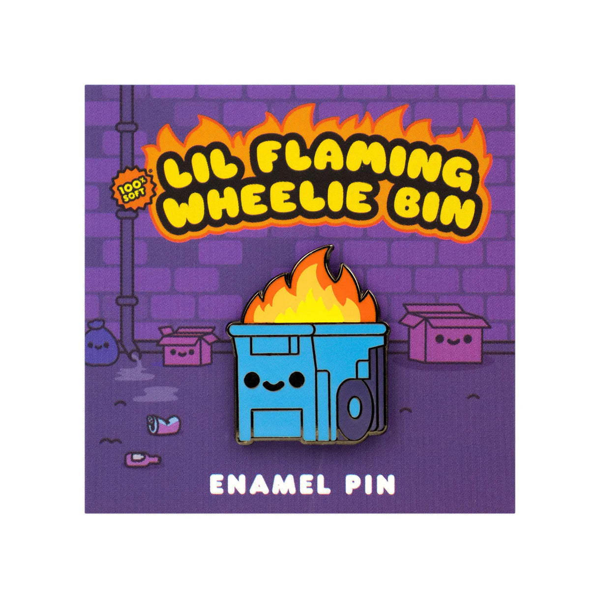Lil Flaming Wheelie Bin Enamel Pin showing a cute blue wheelie bin on fire, soft enamel finish, on a 100% Soft backing card