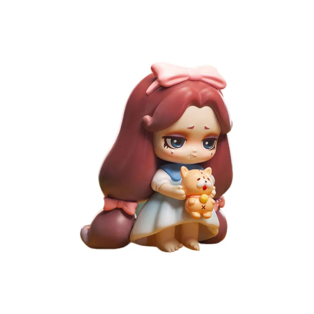 Melancholy Lilith holding teddy bear figure with pastel bow and blue dress from 52TOYS