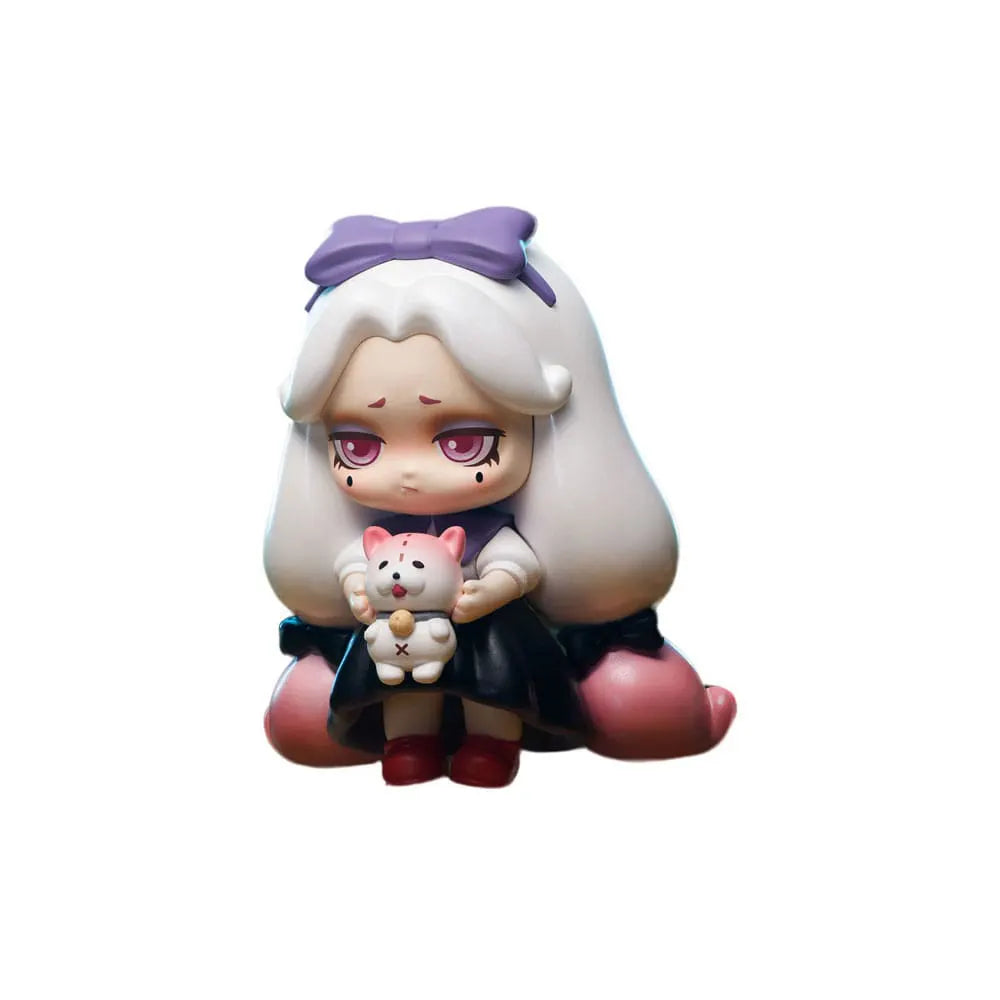 White-haired Lilith in black dress holding small plush dog from 52TOYS vinyl figure collection