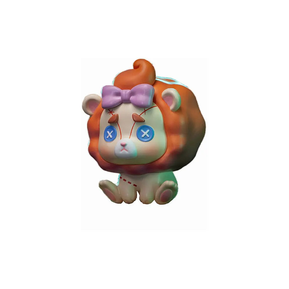 Sad lion character vinyl figure with X eyes and purple bow from Monologue in the Land of OZ series