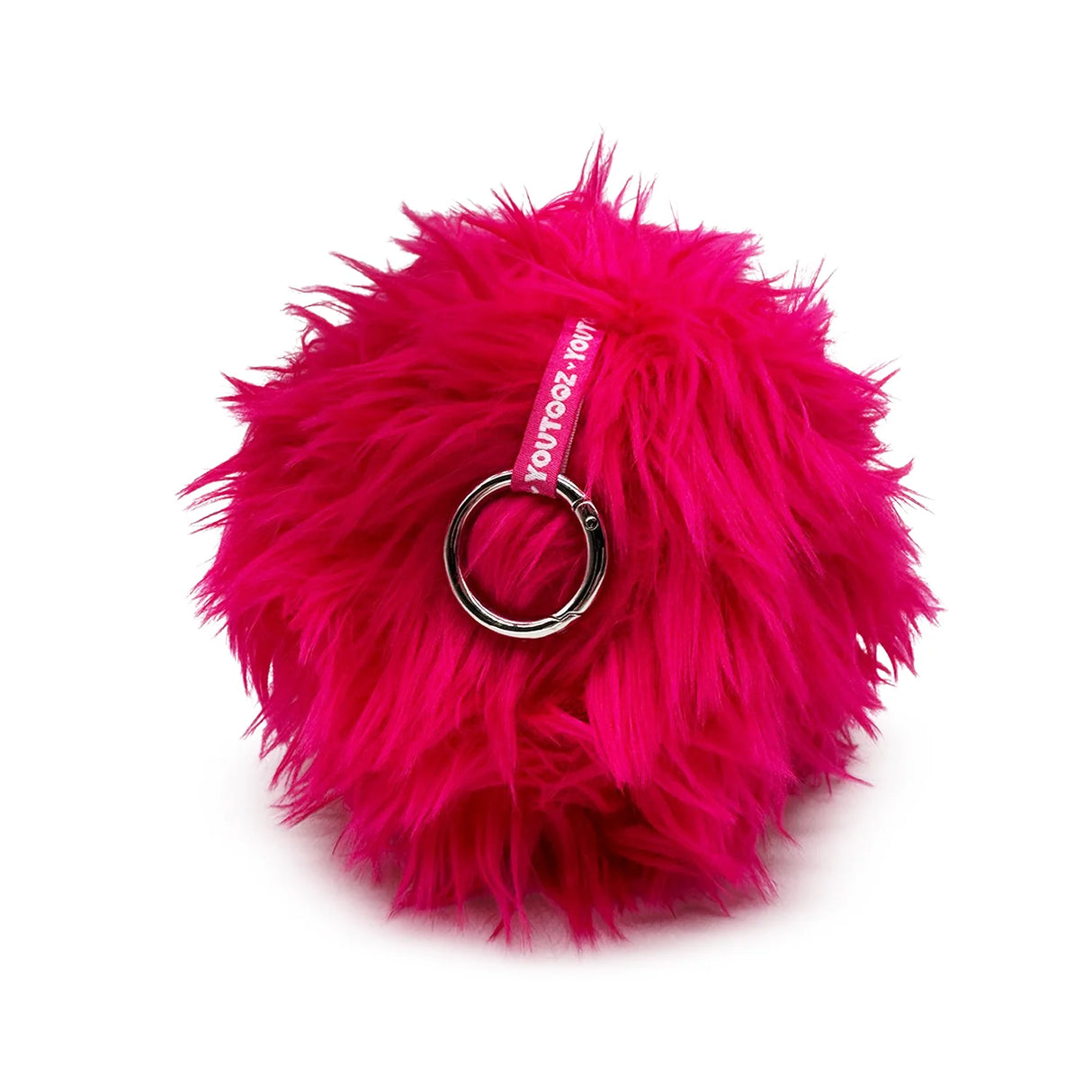 Back view of Rufus plush keychain with pink tag and metal ring