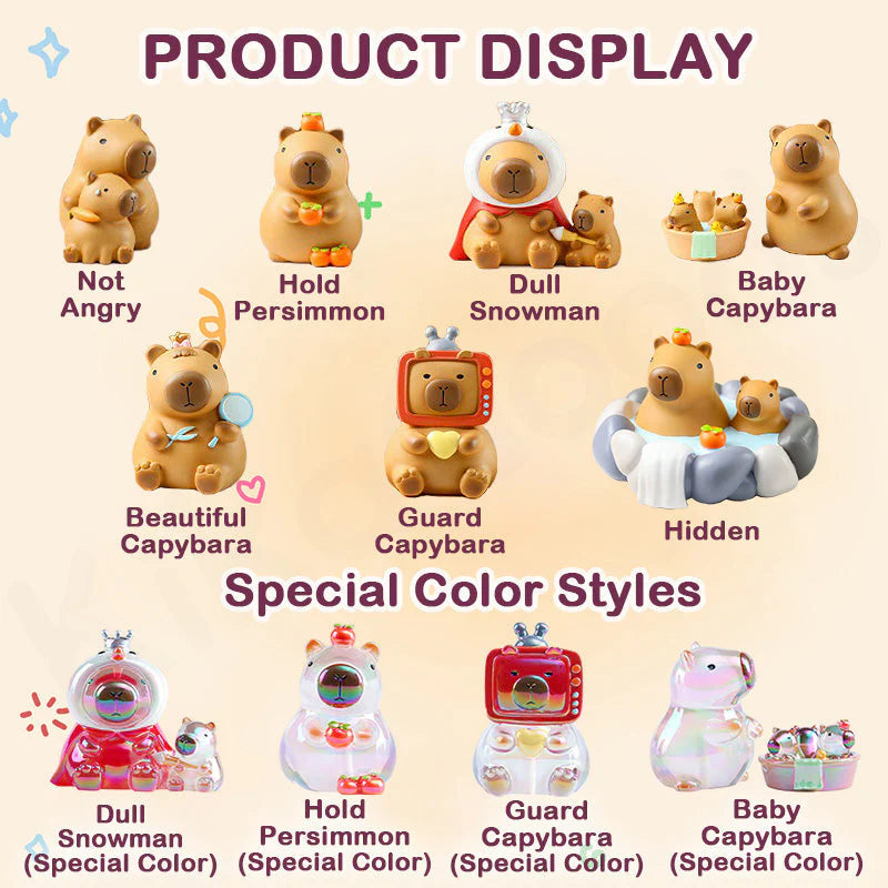 Full lineup of Little Bean Capybara Series blind box figures with names and special color versions.