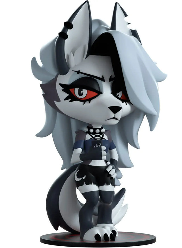 Loona Youtooz vinyl figure in full view, showing Helluva Boss character with red eyes, gray hair, and spiked collar.