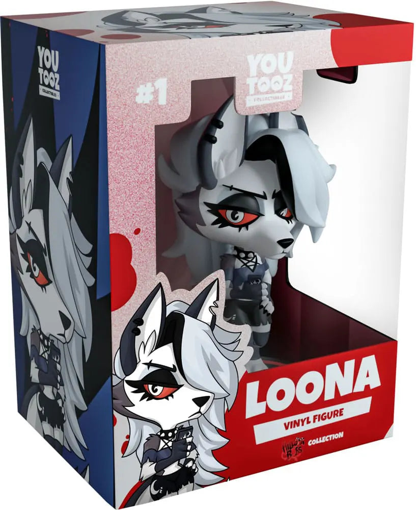 Loona Youtooz figure in retail packaging with Helluva Boss artwork and collector display box.