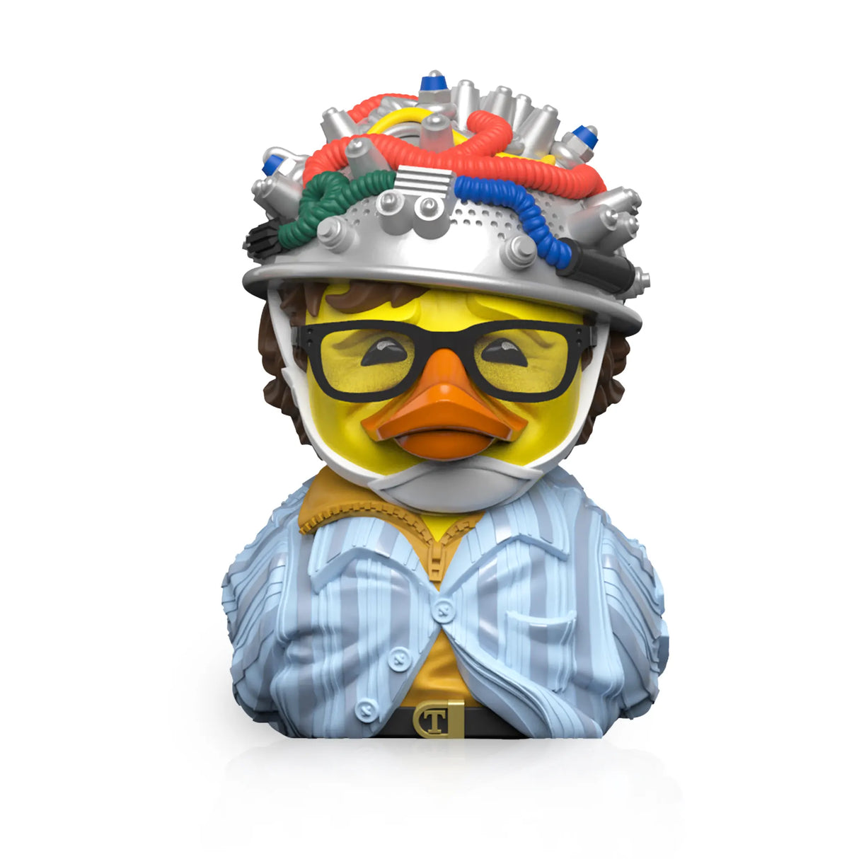 Close-up of colander hat on possessed Louis Tully duck