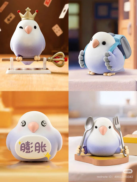 Close-up vinyl figures from Lovebird Taroball "Mini Pro Max" blind box including Birdie King, School Birdie, Fluffy Birdie, and Hungry Birdie.*