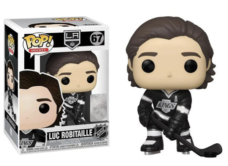 Luc Robitaille #67 Funko Pop! Vinyl figure wearing Los Angeles Kings uniform in display box.
