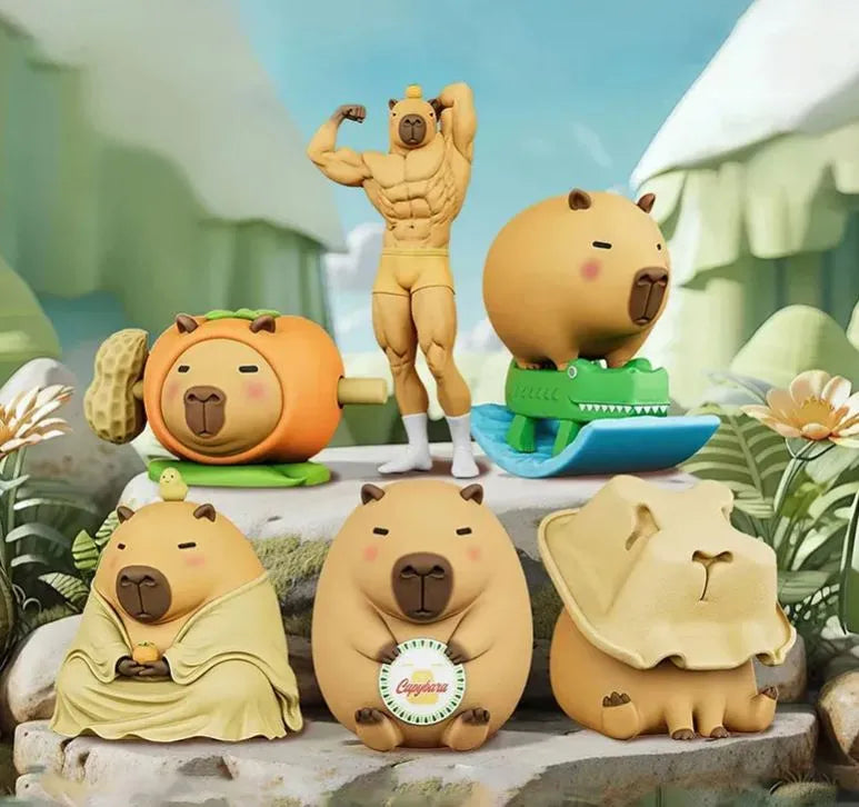 Luck Moai Capybara Series Blind Box full collection display featuring humorous capybara character figures