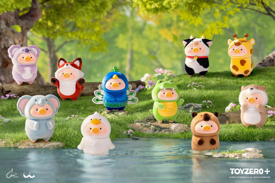 Full lineup of LuLu the Piggy Animal Party Series blind box figures displayed in a forest setting.