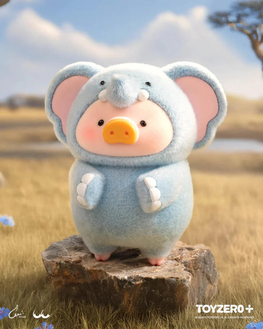 LuLu the Piggy dressed as a fluffy blue elephant figure from the Animal Party Series.