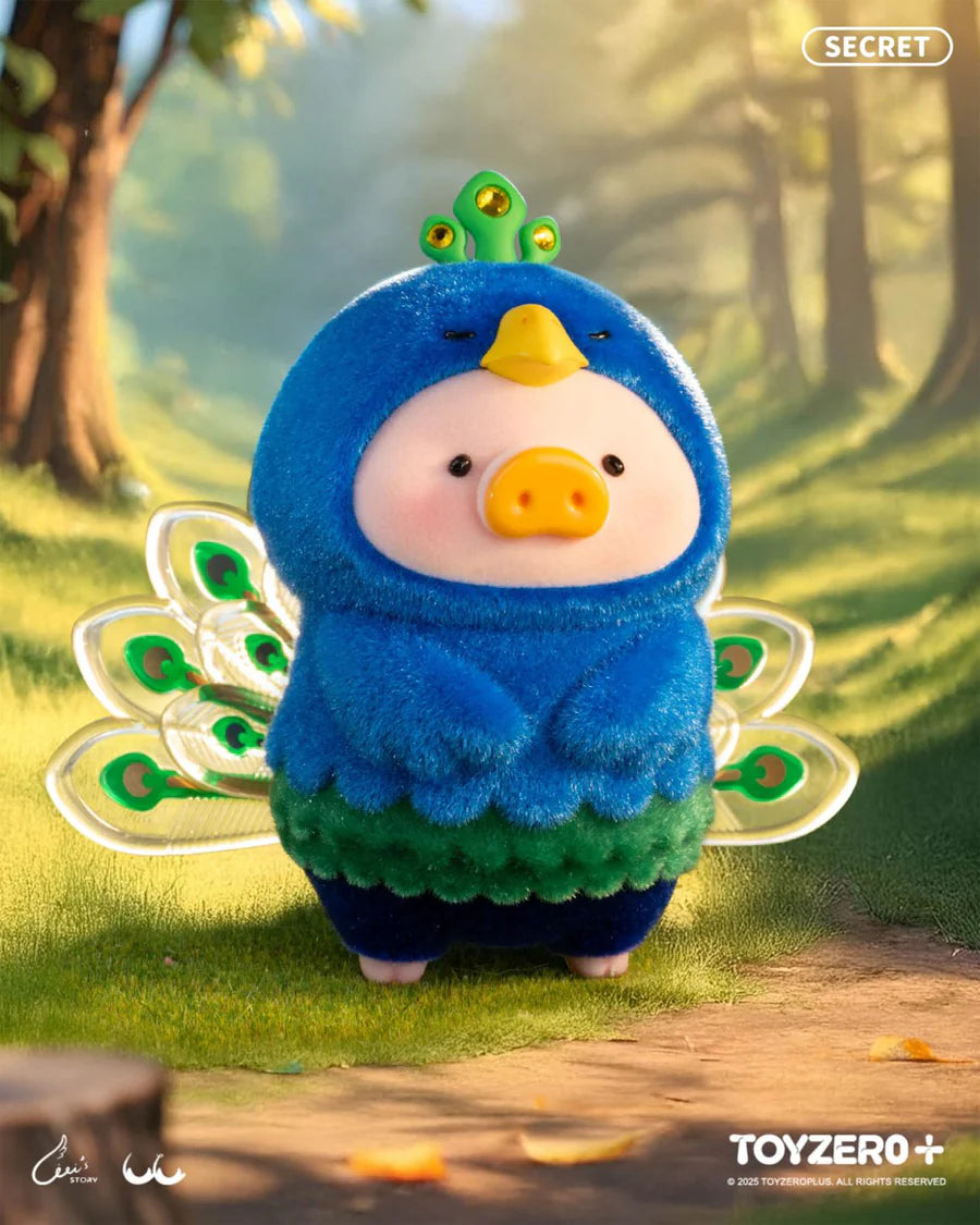 Secret LuLu the Piggy in a vibrant blue and green peacock costume with feather details.