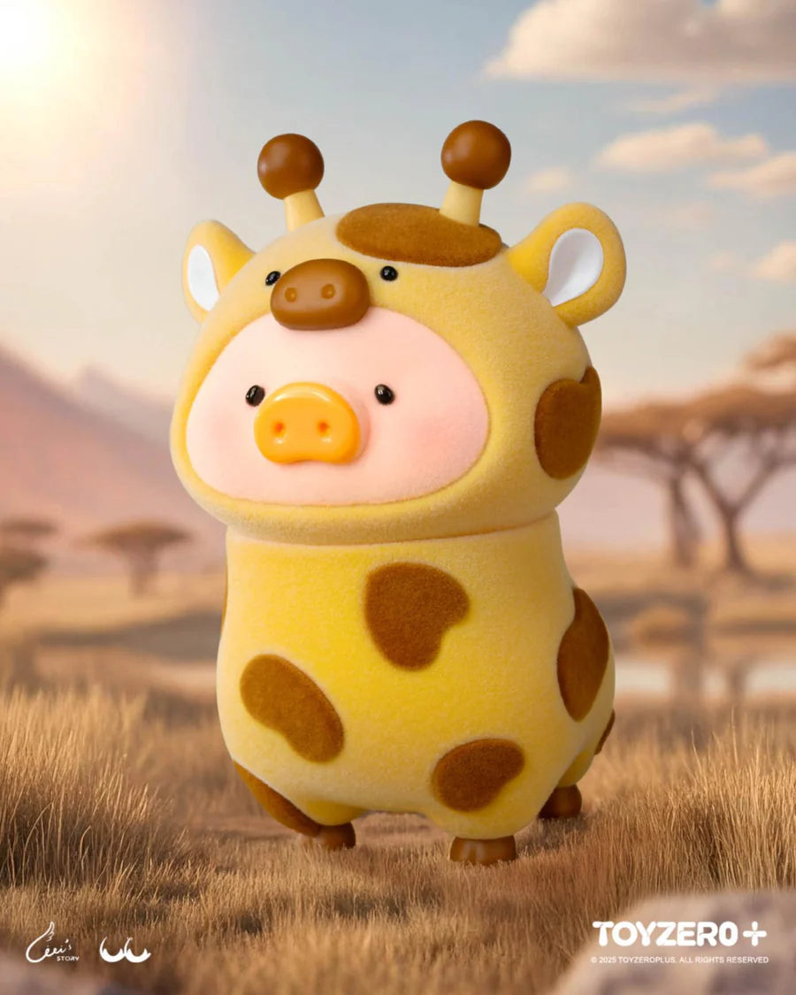 LuLu the Piggy in a yellow giraffe costume with spots and tiny horns.