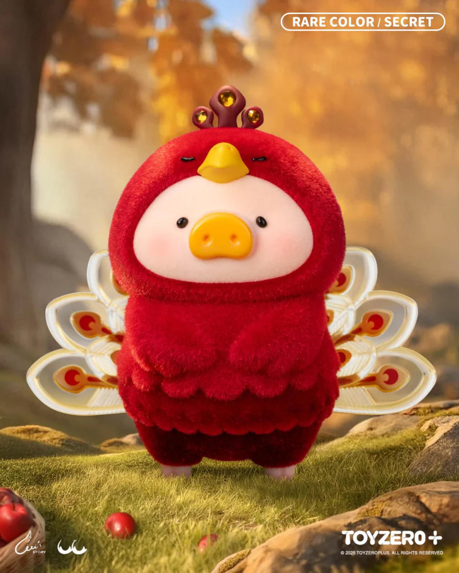 Rare secret LuLu the Piggy in a red peacock costume with golden feather details.