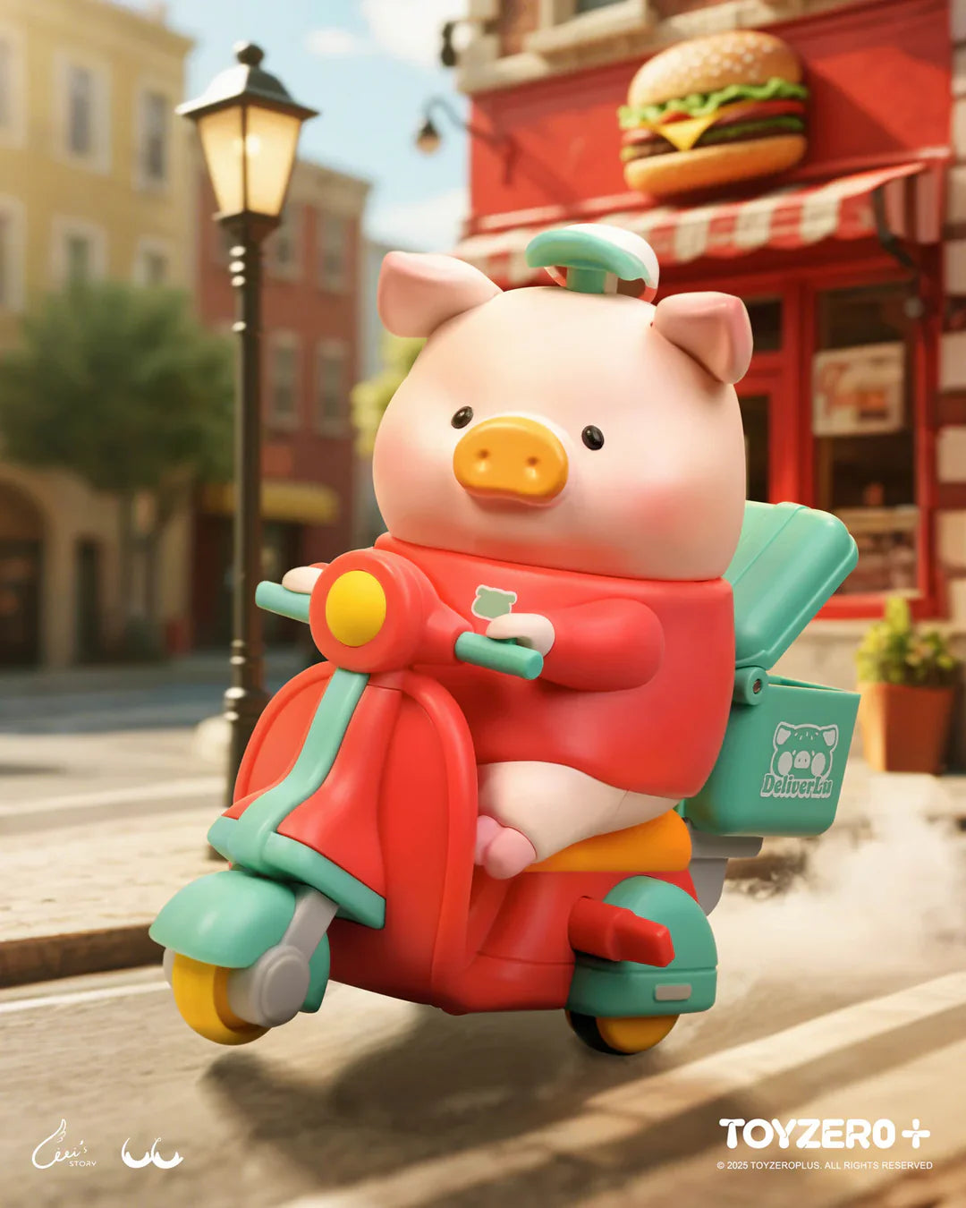 LuLu The Piggy riding a delivery scooter carrying Burger Express takeout orders through the city