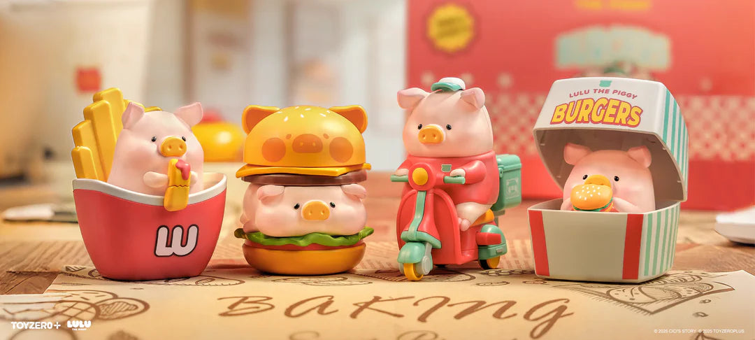 LuLu The Piggy Burger Express Series Blind Box lineup featuring multiple fast-food themed collectible figures