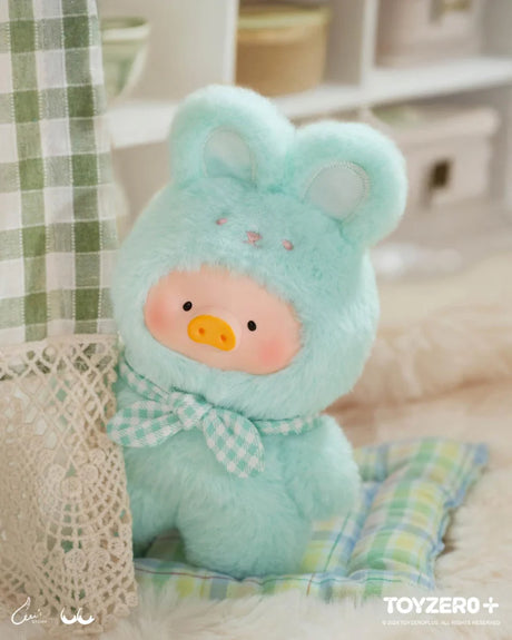 Mint green bunny LuLu the Piggy plush keychain with checkered bow from Joyful Time Series