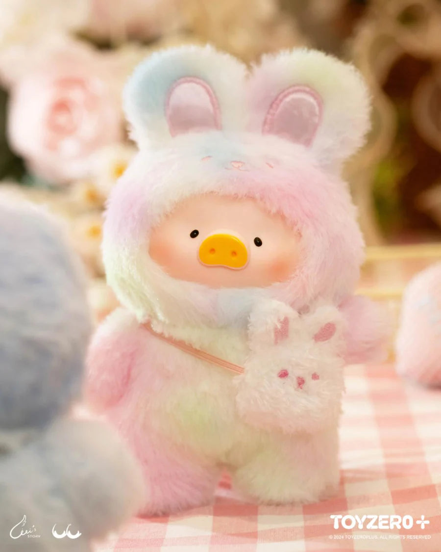 Pastel rainbow bunny LuLu the Piggy plush keychain with tiny bunny pouch from Joyful Time Series