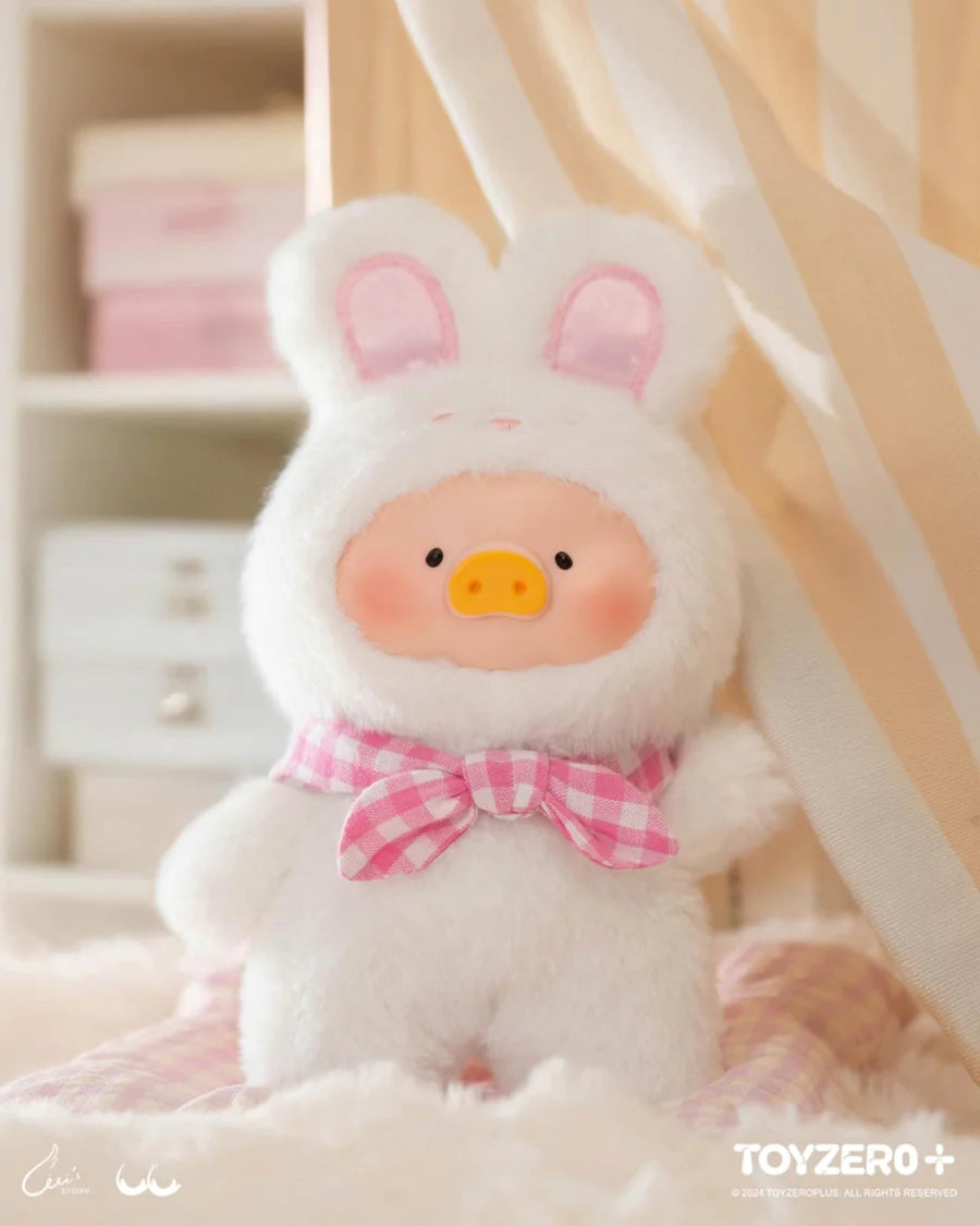 White bunny LuLu the Piggy plush keychain with pink bow from Joyful Time Series