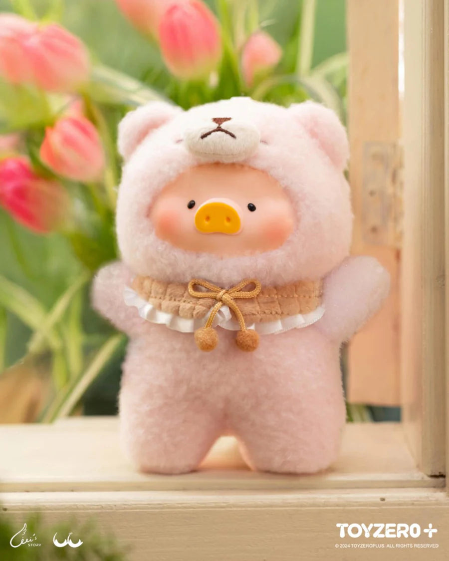 LuLu the Piggy plush keychain in pink teddy outfit with ribbon collar from Joyful Time Series