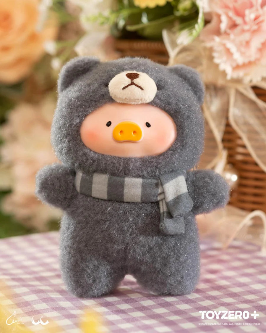 Gray teddy LuLu the Piggy plush keychain with striped scarf from Joyful Time Series
