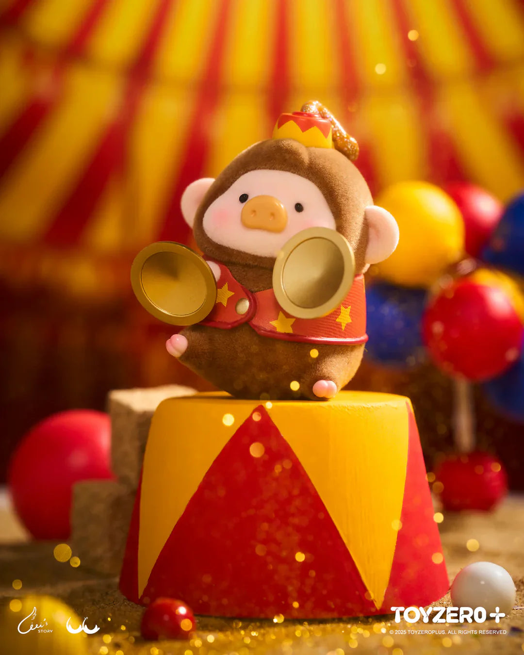 LuLu The Piggy wearing a monkey costume while performing with cymbals in a circus setting