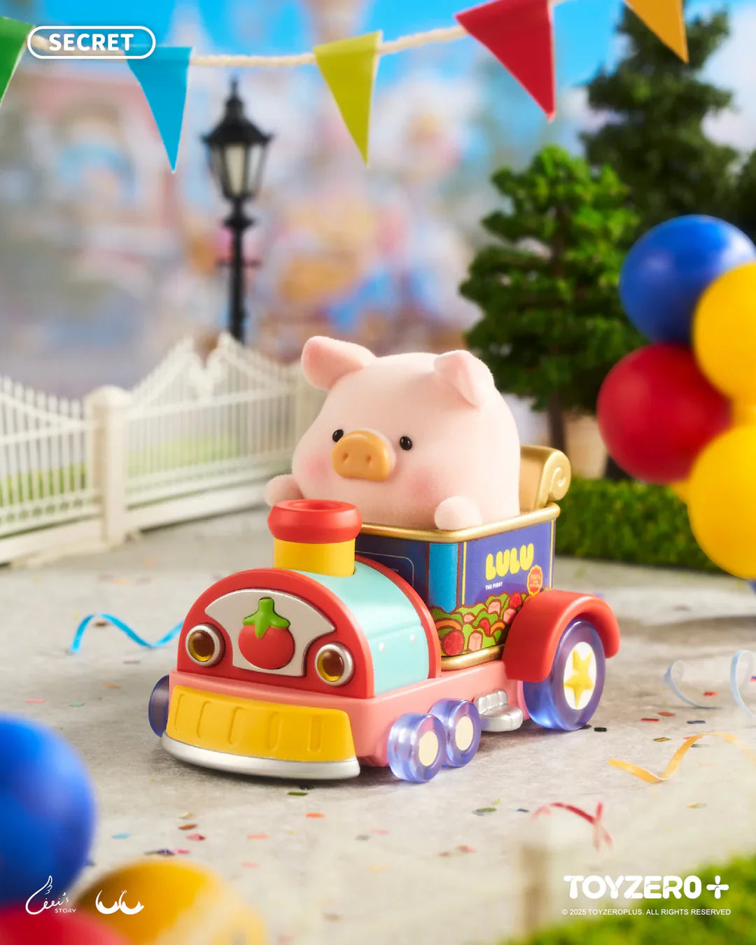 Secret edition LuLu The Piggy riding a colorful miniature carnival train collectible figure