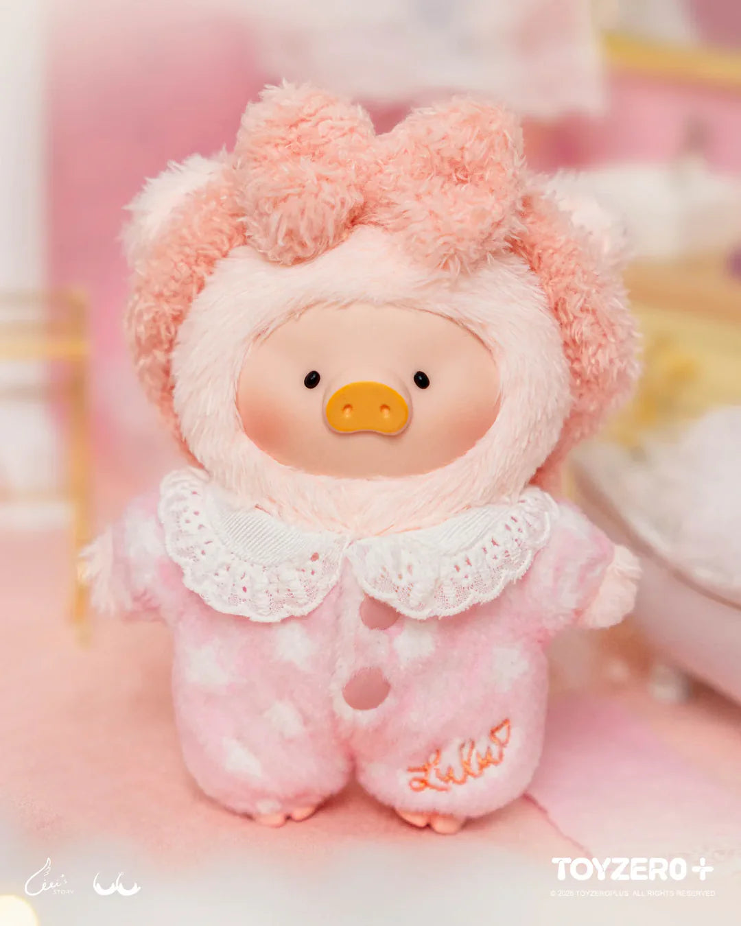 Pink LuLu The Piggy Dreaming Wonderland plush keychain wearing fluffy pajamas and lace collar