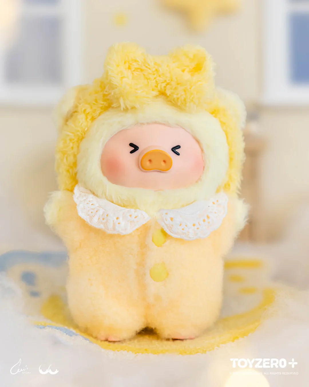 Yellow LuLu The Piggy Dreaming Wonderland plush keychain with fluffy bow and cheerful sleeping expression