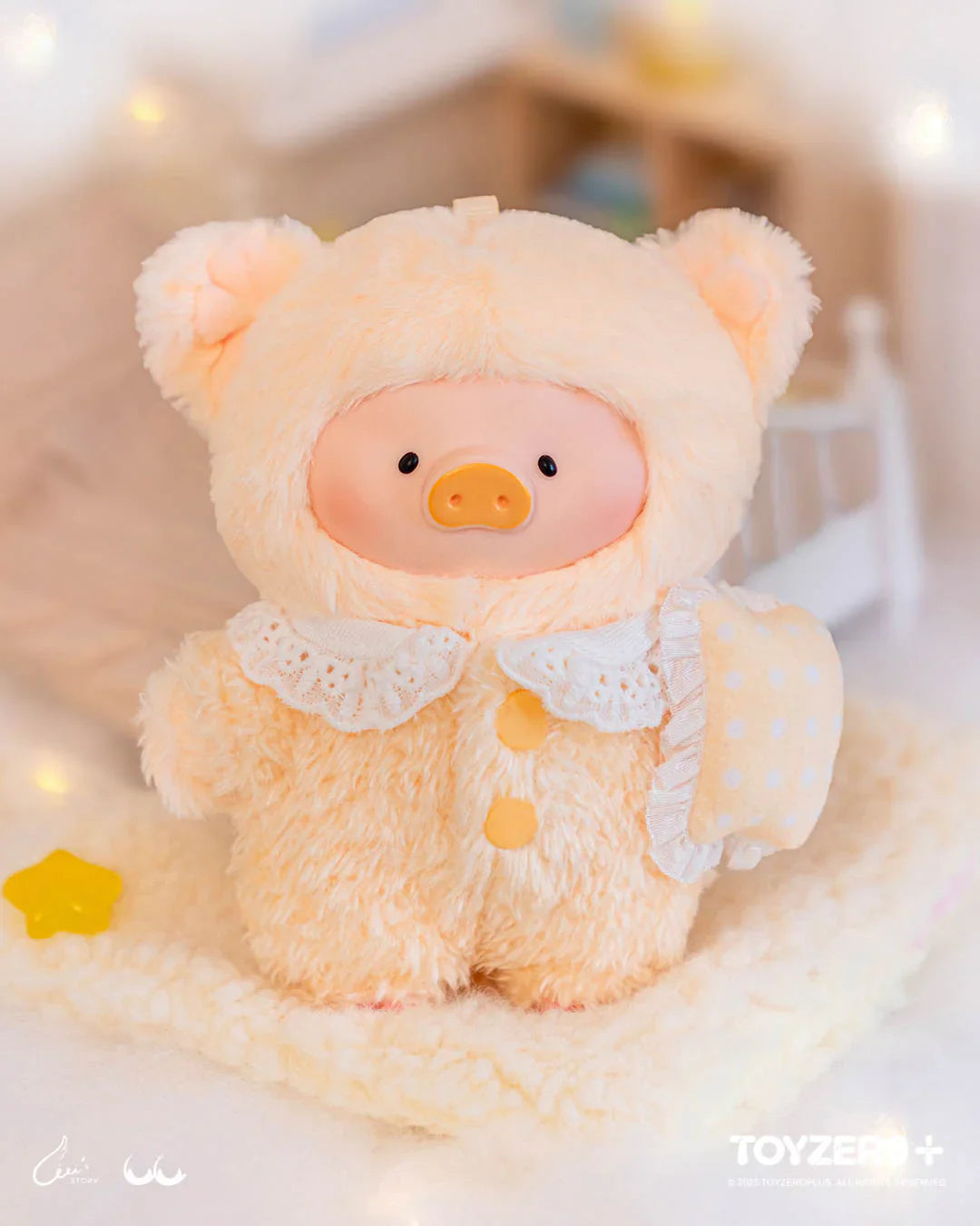 Cream-colored LuLu The Piggy Dreaming Wonderland plush holding a pillow in cozy bedtime attire