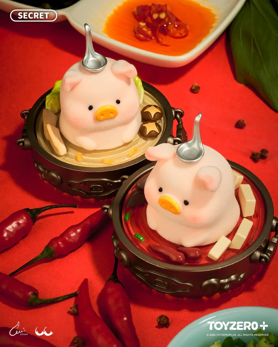 Secret hot pot variant with spicy broth beside the standard version.