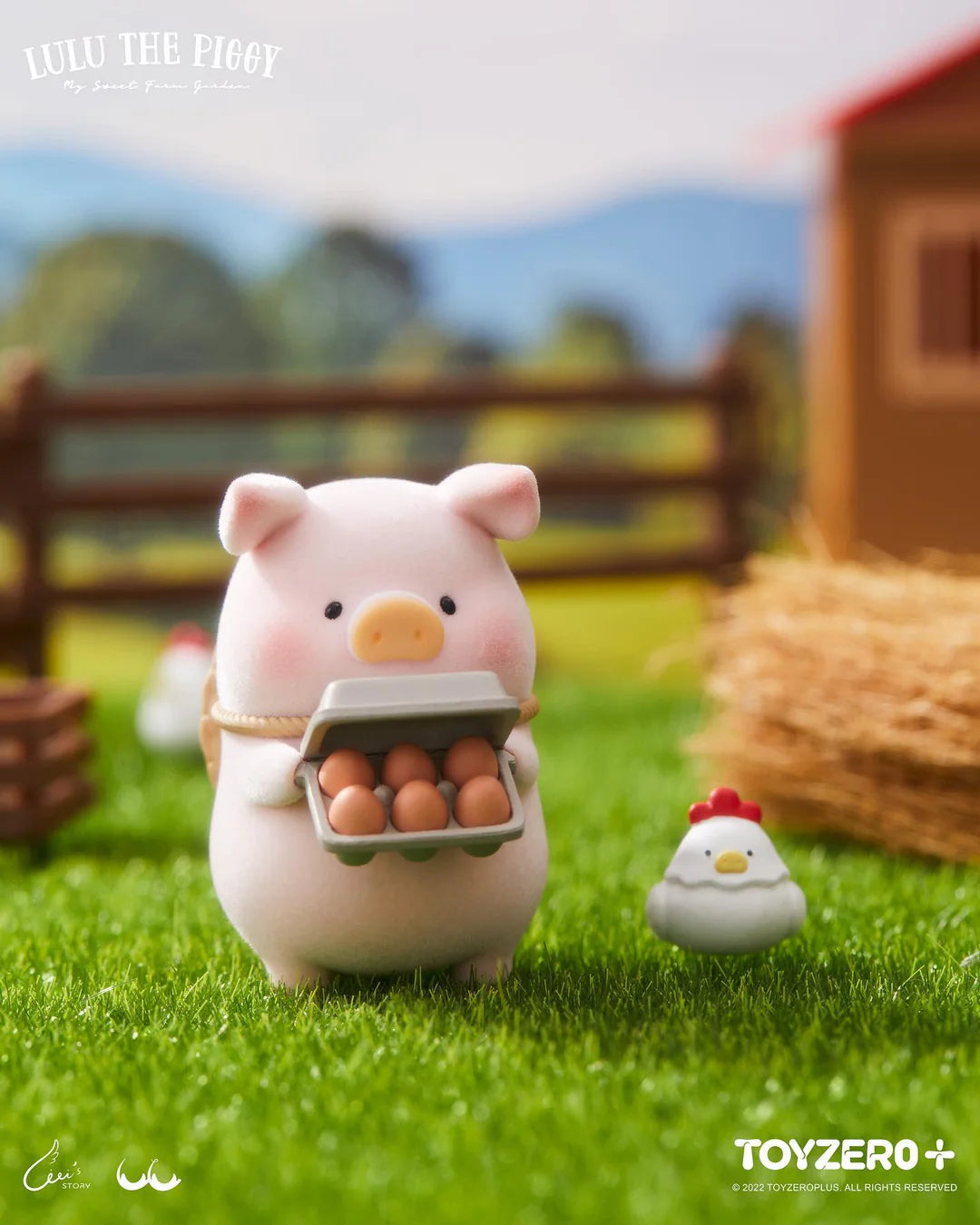 LuLu The Piggy collecting eggs on a farm with a small chicken companion figure