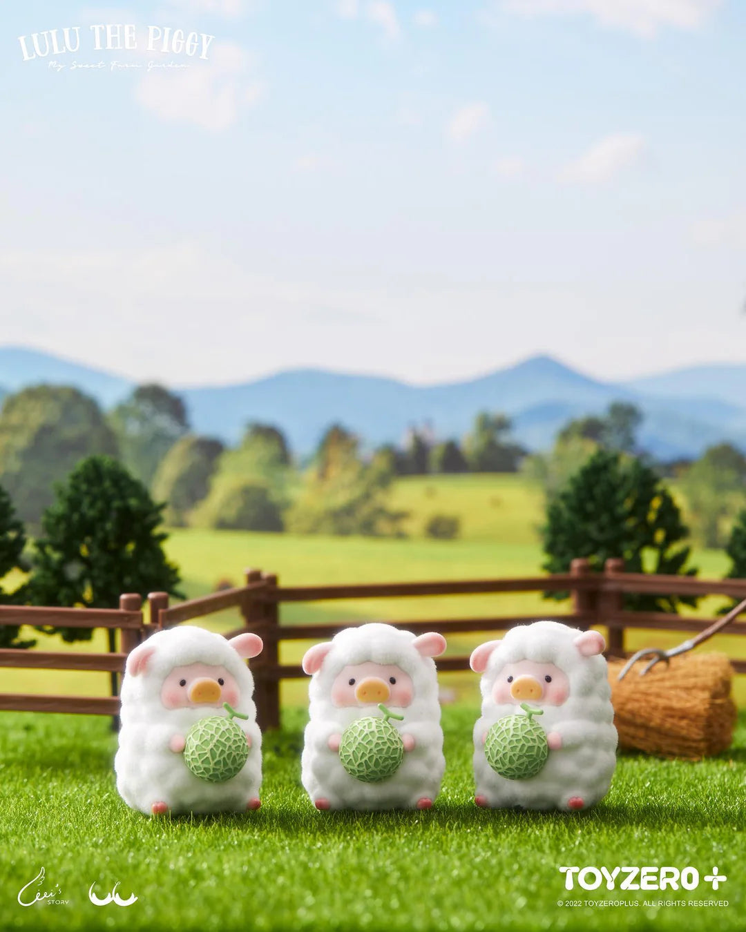 LuLu The Piggy dressed in a fluffy sheep costume holding a melon collectible figure