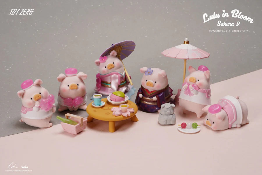 Full set of LuLu The Piggy Sakura 2 blind box figures displayed in traditional outfits with tea party setup.