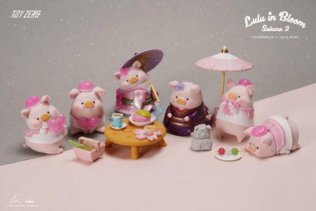 Full set of LuLu The Piggy Sakura 2 blind box figures displayed in traditional outfits with tea party setup.