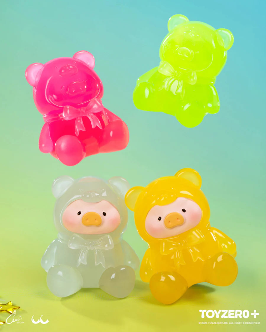 Transparent neon LuLu The Piggy Teddy Mini figures in bright pink, green, yellow, and clear finishes