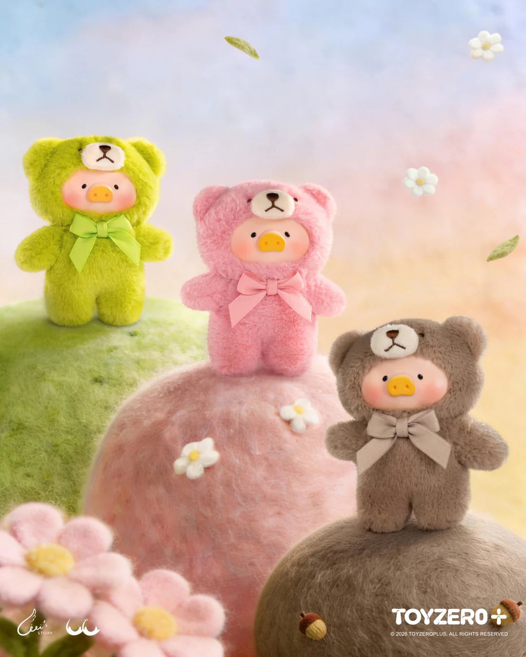 LuLu The Piggy teddy bear figures in green, pink and taupe color variants inspired by nature and springtime colors