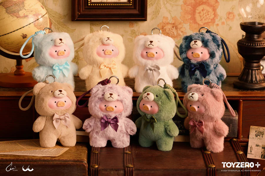 Collection of LuLu the Piggy Vintage Teddy Shop blind box figures displayed in antique toy shop setting.