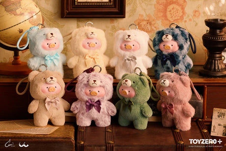 Collection of LuLu the Piggy Vintage Teddy Shop blind box figures displayed in antique toy shop setting.