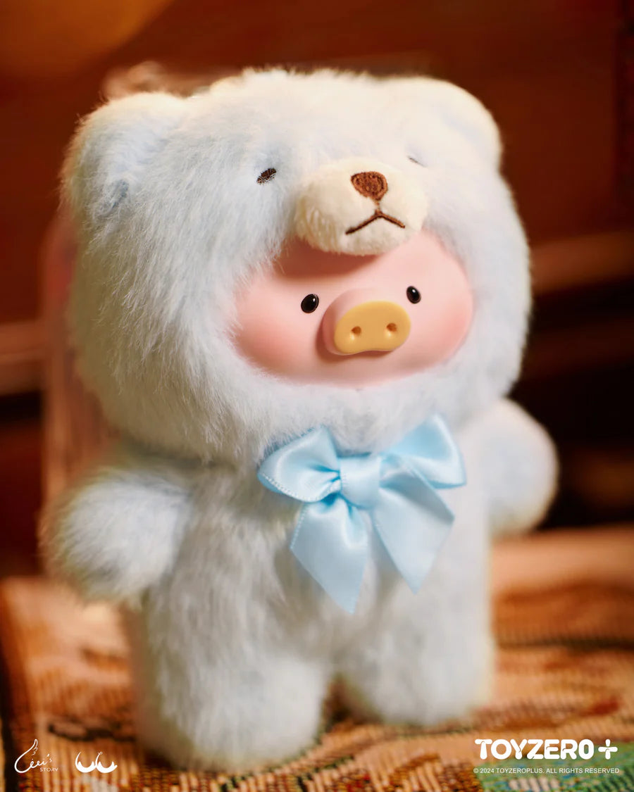 LuLu the Piggy Vintage Teddy Shop version in soft white teddy bear suit with silver bow.