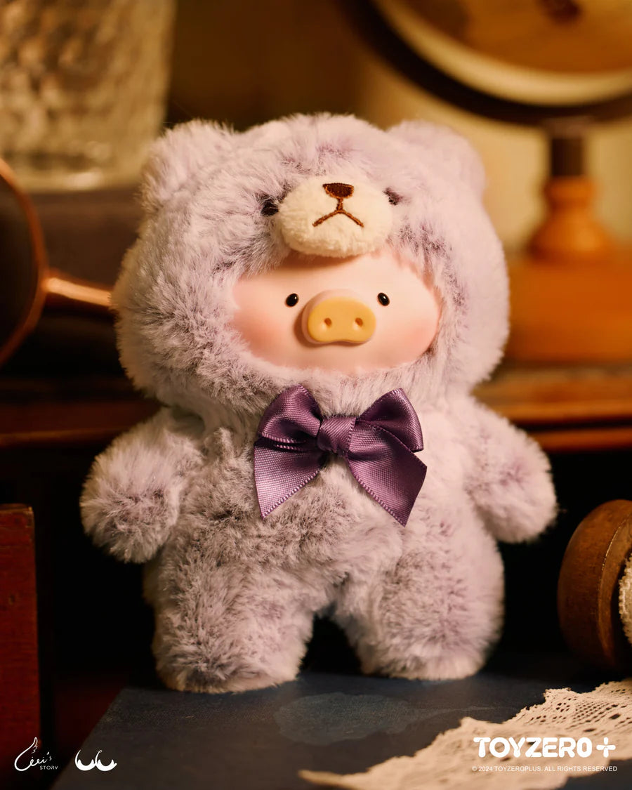 LuLu the Piggy Vintage Teddy Shop in lavender teddy outfit with purple ribbon bow.