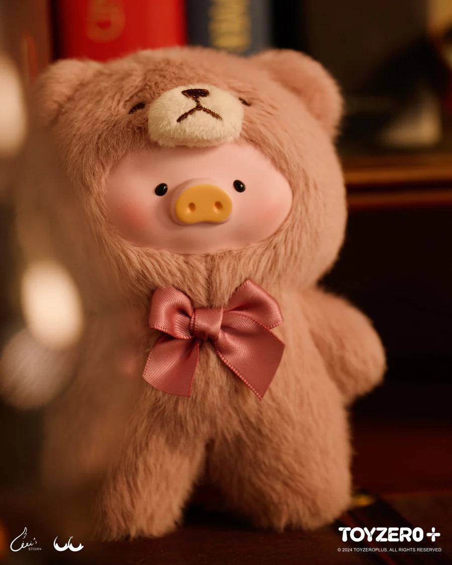 LuLu the Piggy Vintage Teddy Shop collectible in navy blue teddy costume with dark ribbon.