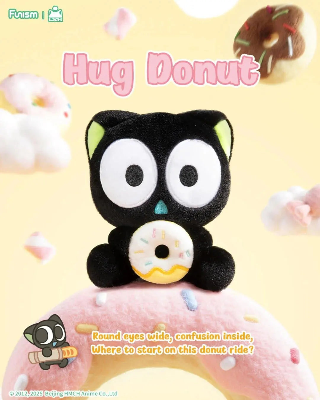 Luo Xiaohei Hug Plush Pendant Series Hug Donut plush keychain holding a white frosted donut