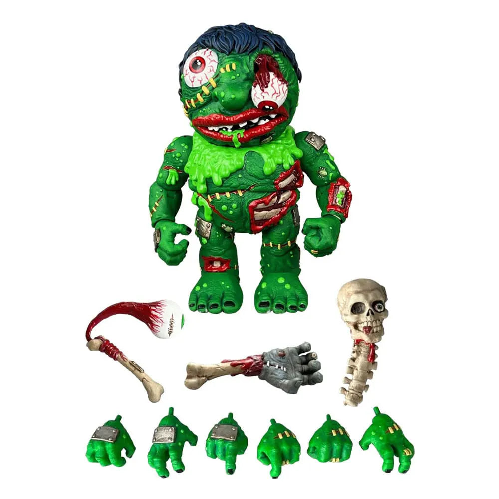 Complete layout of Slobulus figure and accessories including alternate hands, eyeball mace, arm club, and skull weapon.