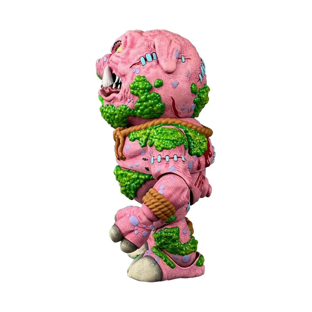 Side view of Madballs Swine Sucker figure displaying sculpted boils, stitches, and rope restraints.
