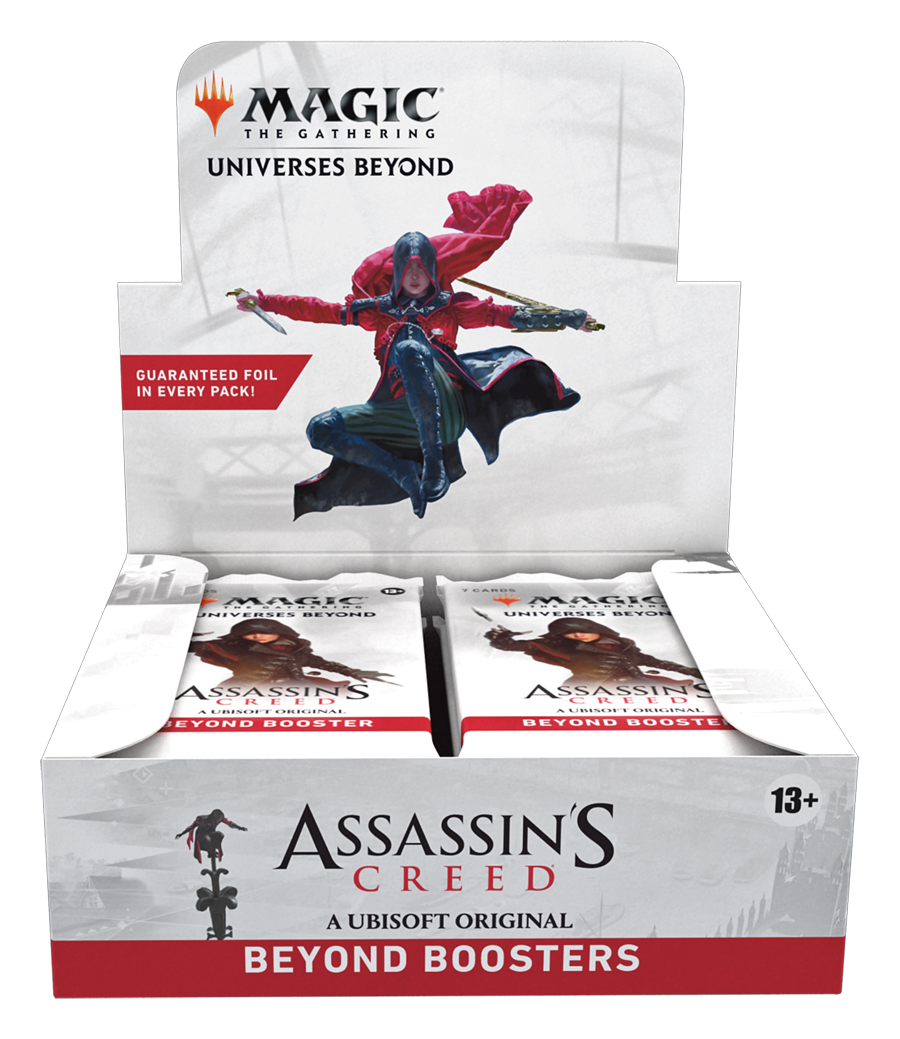 Magic The Gathering Assassin’s Creed Universes Beyond booster box display with 24 Beyond booster packs