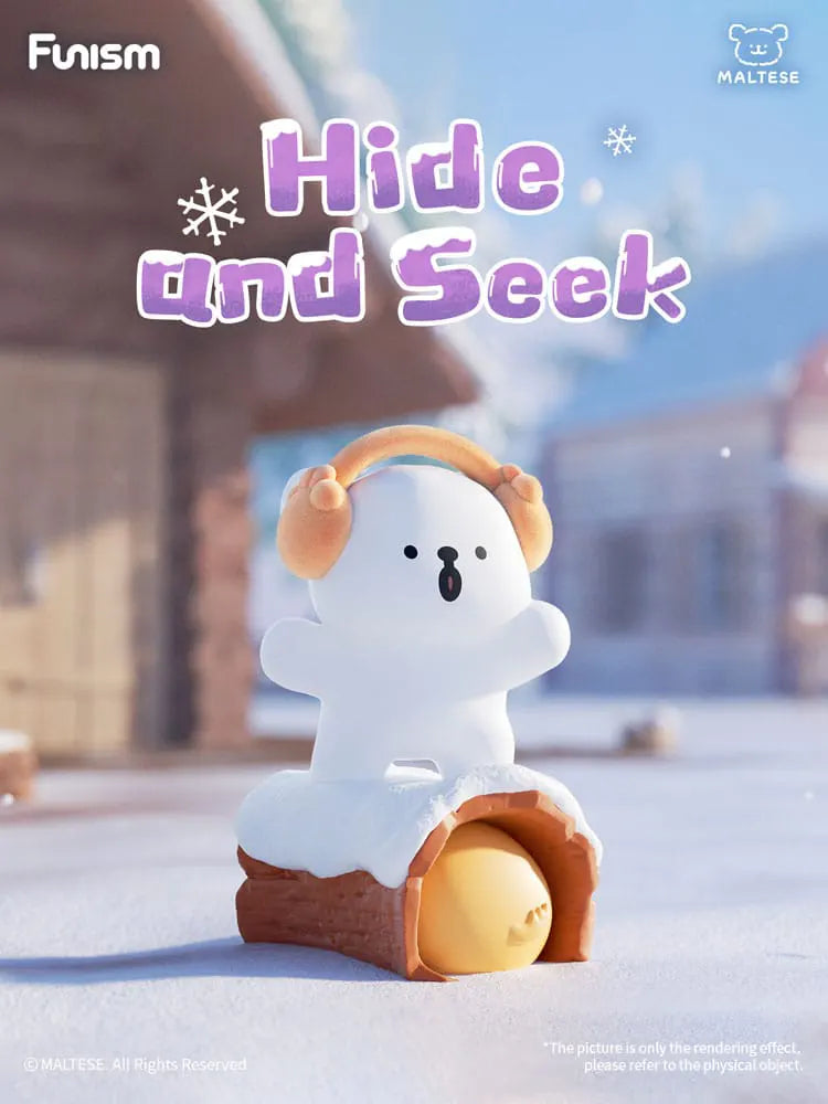 Hide and Seek Maltese blind box collectible figure with earmuffs and doghouse scene.