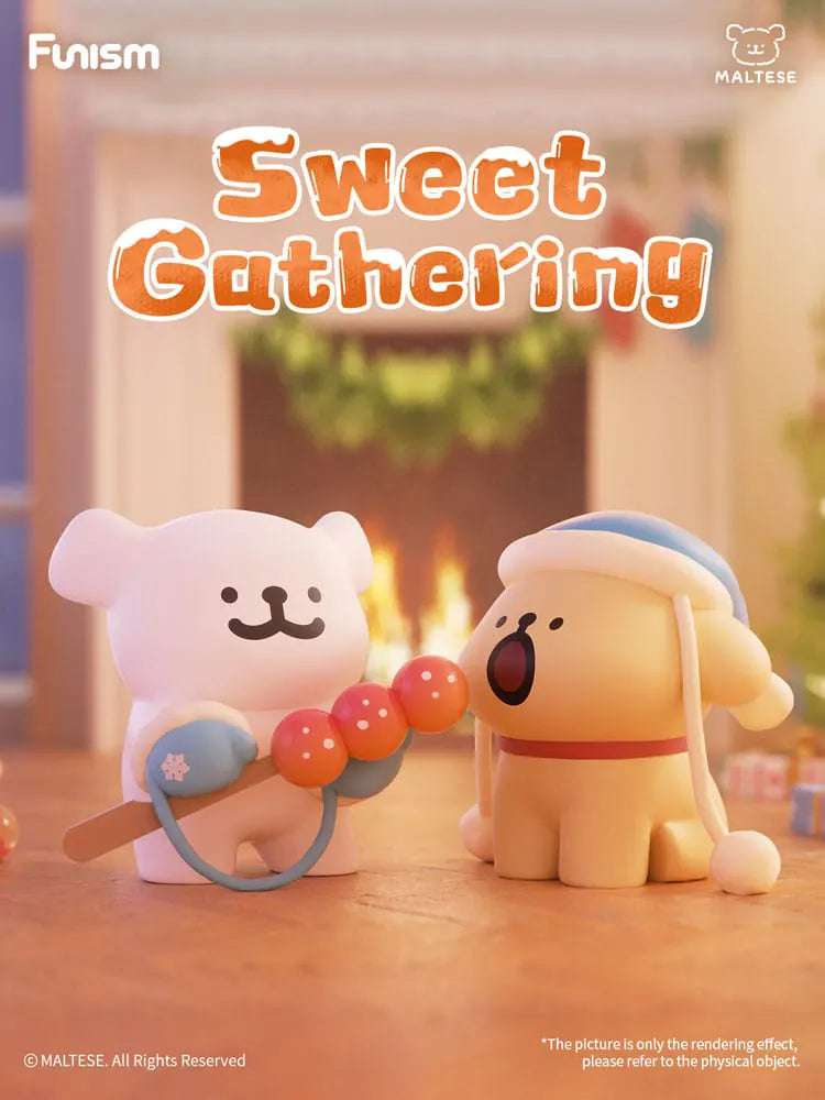Sweet Gathering Maltese blind box collectible sharing winter snacks indoors.