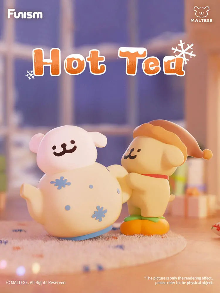 Hot Tea Maltese blind box collectible with teapot and winter hat.